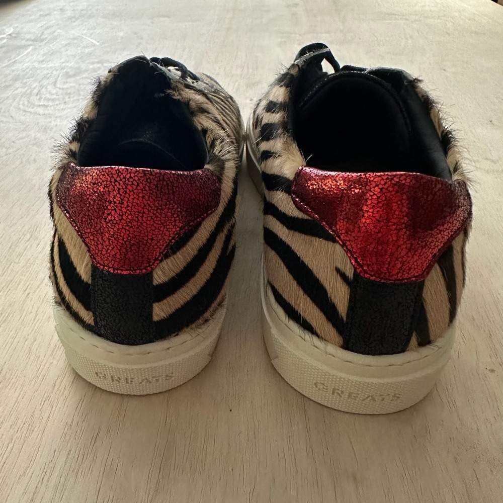 Greats Sneakers Women 10 Zebra Calf Hair Tan Black Red Glitter Low Top Italy - Picture 2 of 12